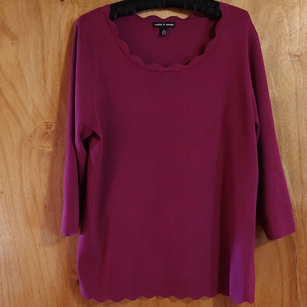Cable & Gauge Ribbed Knit Sweater Magenta Long Sleeve Scalloped Hem Plus Size 1X